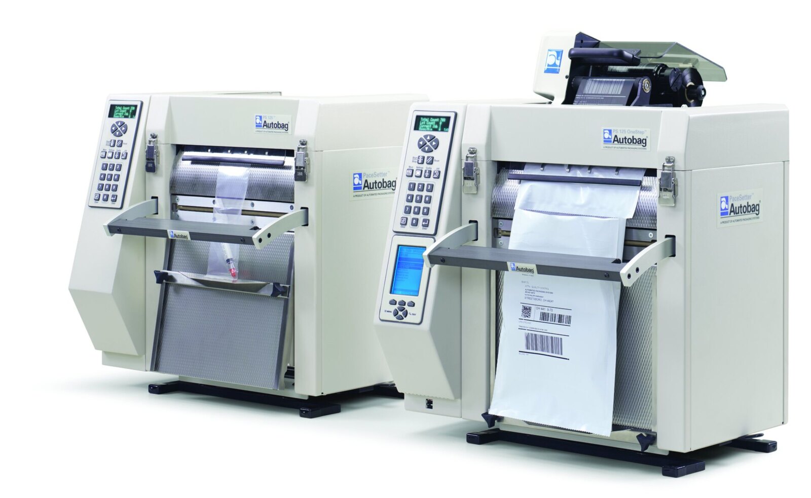 Two Autobag PaceSetter PS 125 tabletop baggers side by side, one with a printed bag
