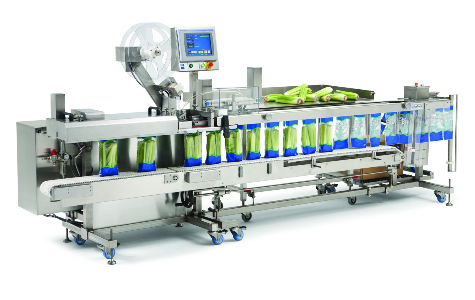 FAS SPrint Revolution SidePouch bagger in stainless steel with food bags on the conveyor