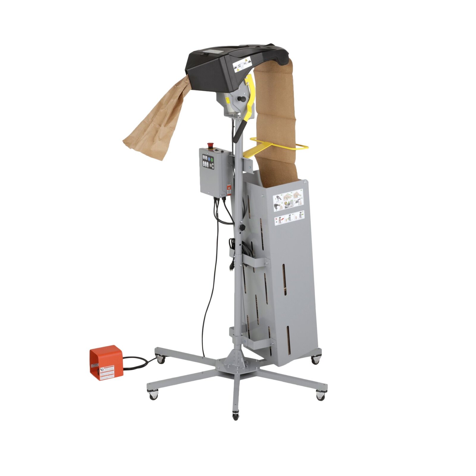 Sealed Air FasFil 1500 on its floor stand dispensing kraft paper, with the footswitch