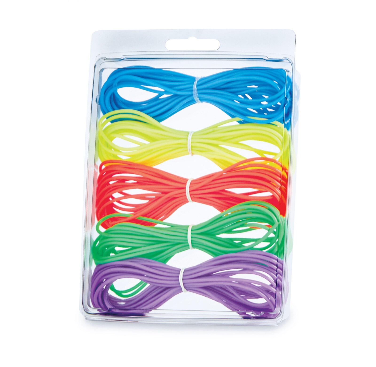 Placon BlisterBox R593 clear clamshell with hang tab holding bundles of colored cord