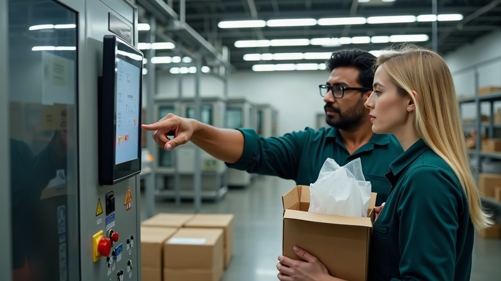 A technician training an operator on a bagging machine