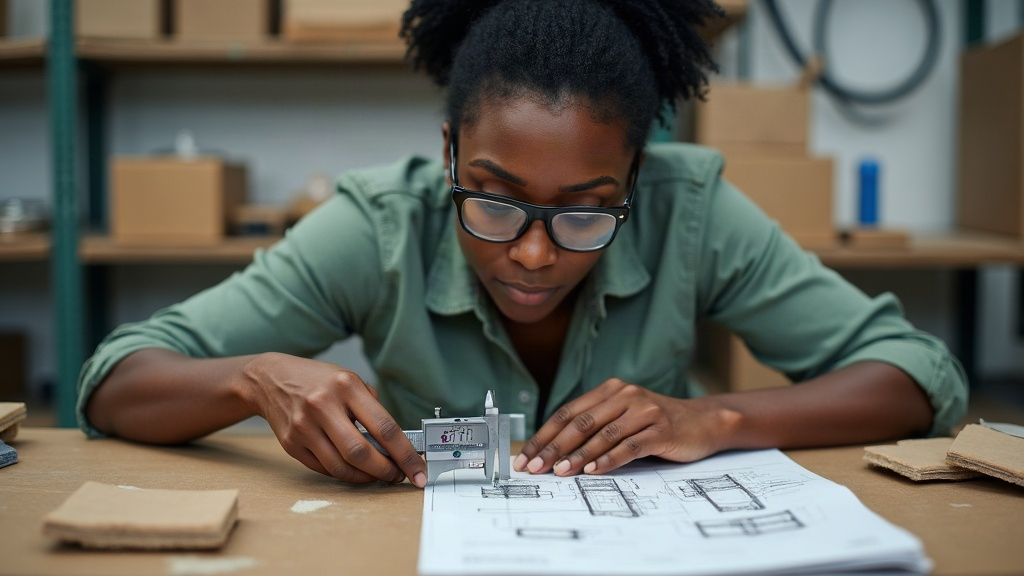 A packaging engineer measuring a part with calipers