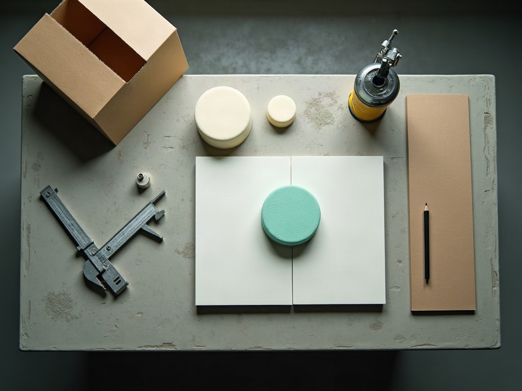 A part, foam cushion samples and calipers on a worktable