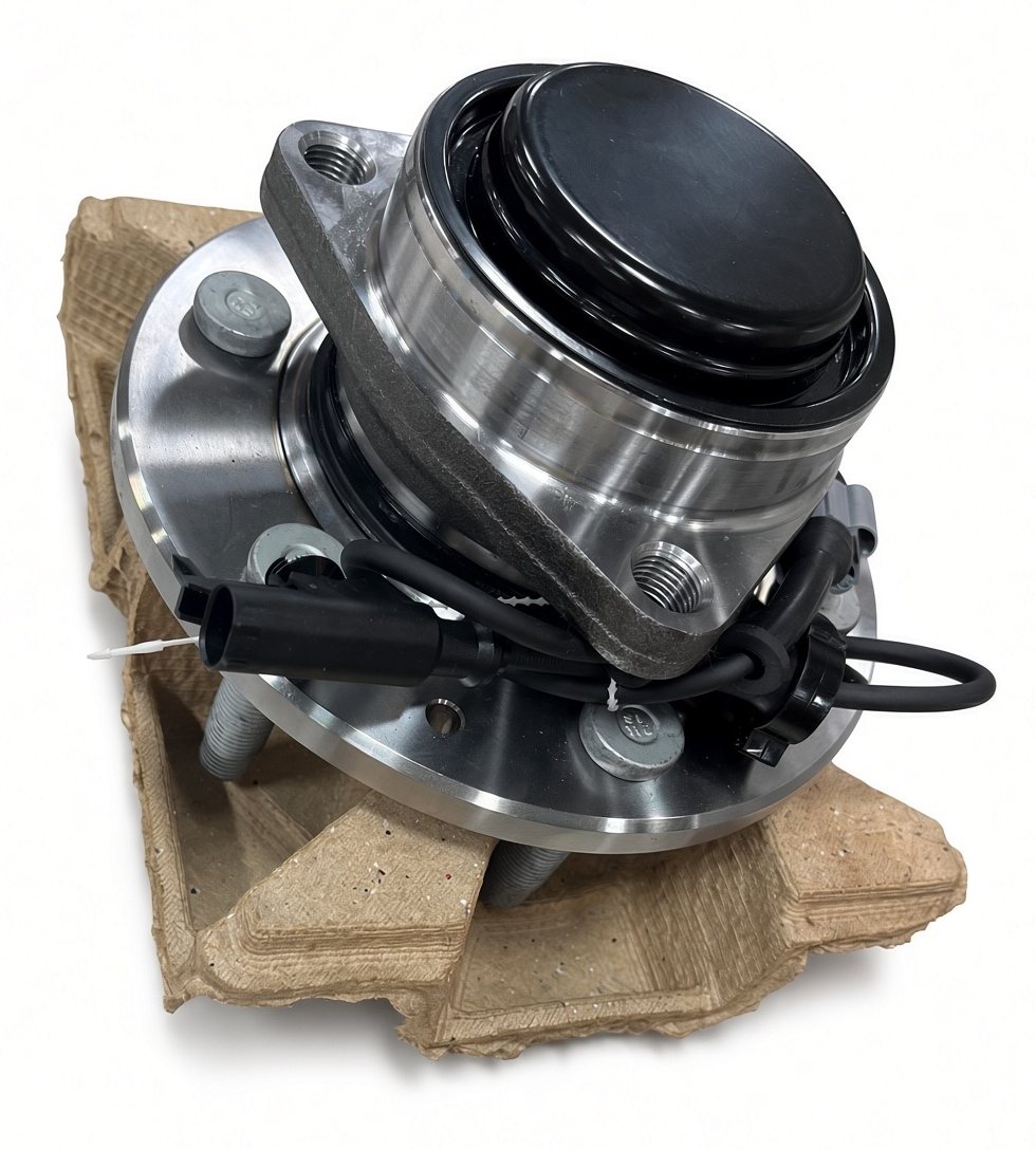 A wheel hub and brake rotor assembly seated in its molded pulp tray