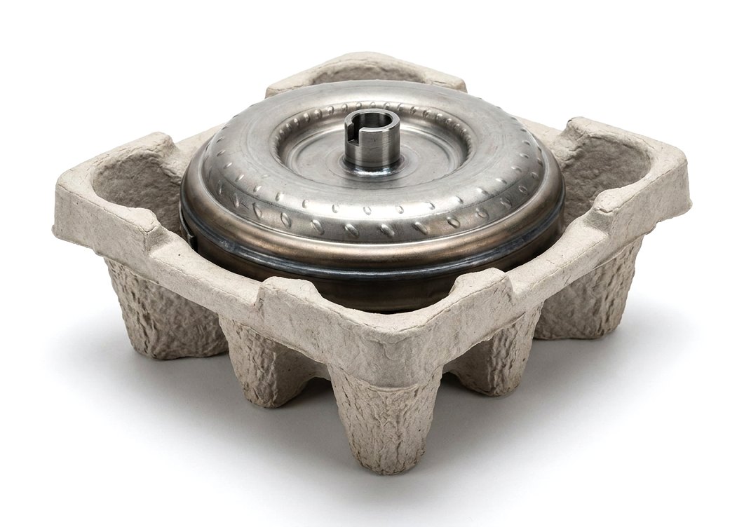 A torque converter seated in the fitted pocket of its molded pulp tray