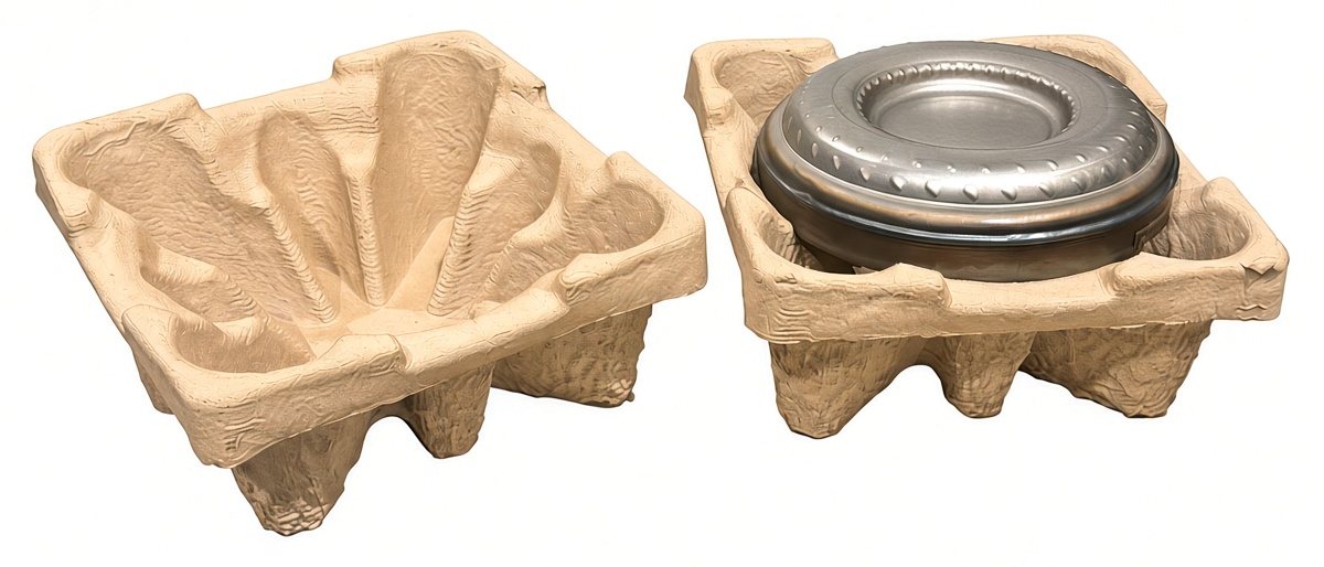 Two molded pulp torque converter trays, one empty and one holding a torque converter