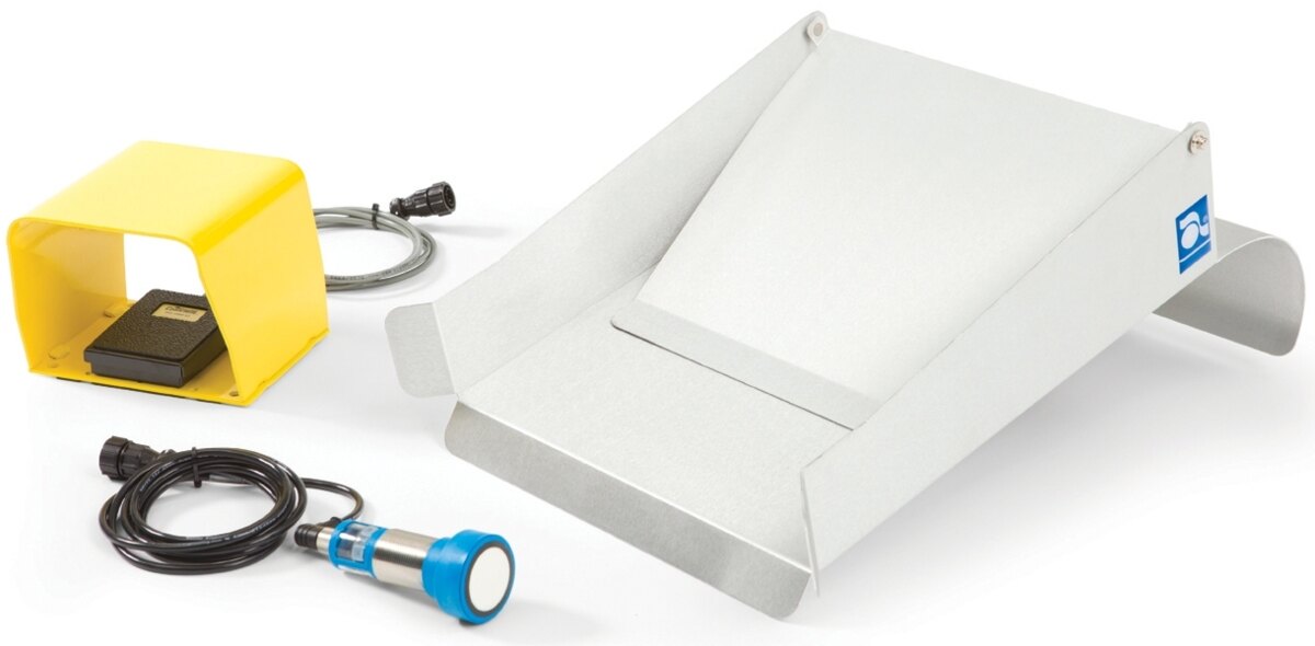 AirPouch accessories: yellow guarded footswitch, level sensor with cable, and stainless pillow chute