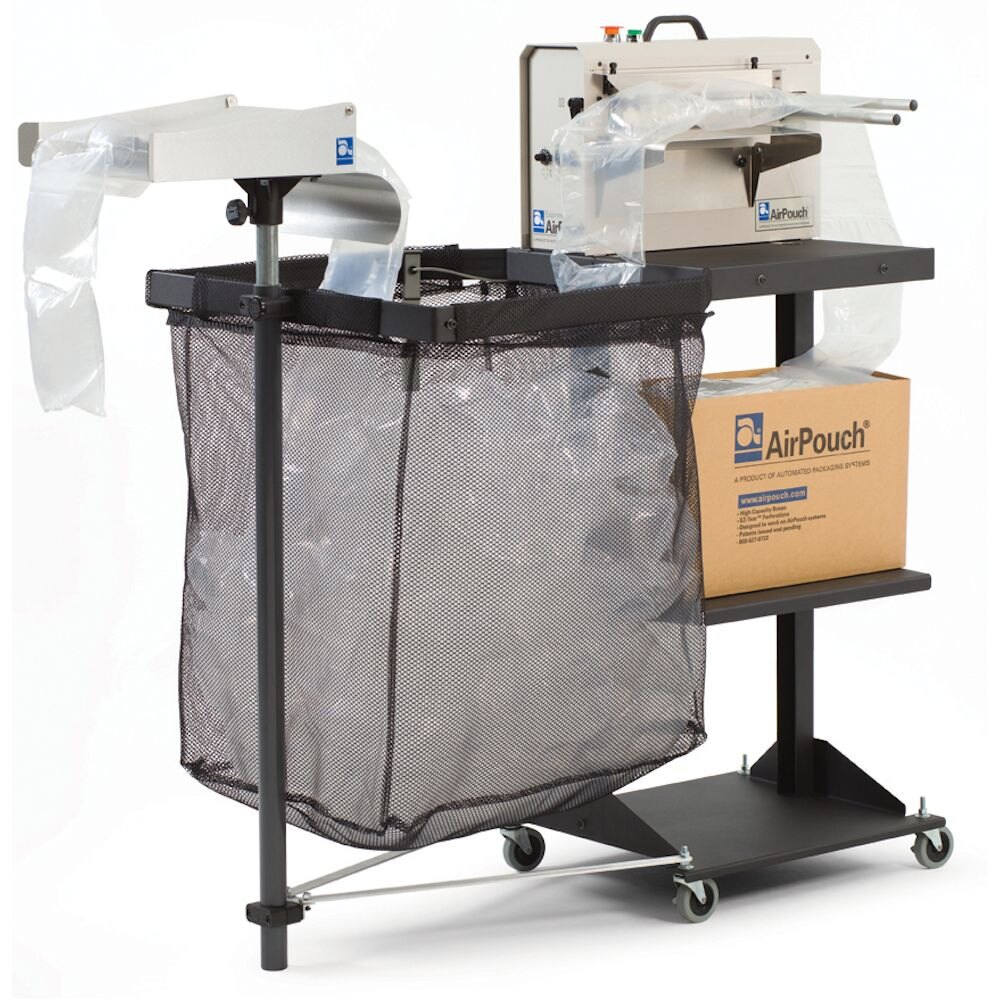 AirPouch Express 3 on a rolling cart with a mesh storage hopper full of clear air pillows