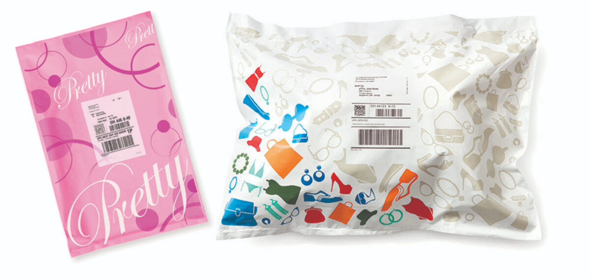 Two printed Autobag mailer bags with shipping labels