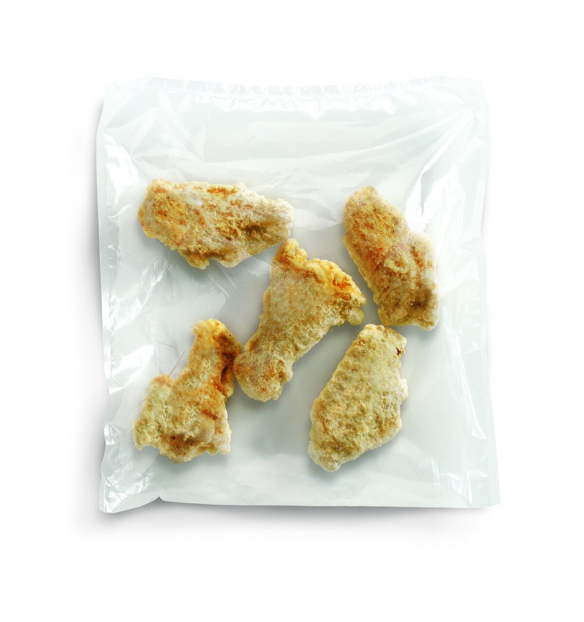 Clear bag of breaded chicken pieces