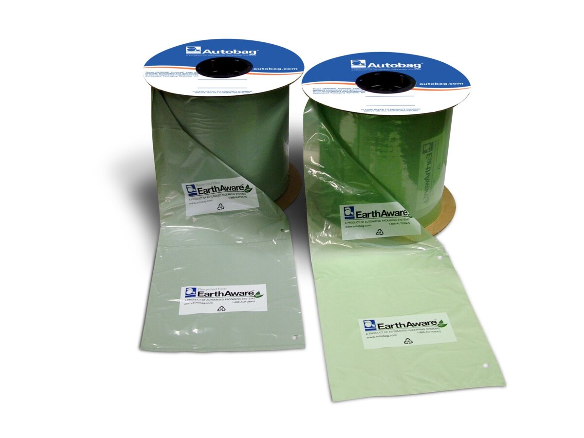 Two rolls of green Autobag EarthAware recycled content bags