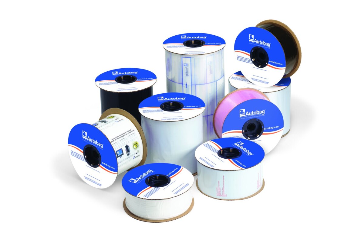 Rolls of Autobag poly bags in several widths and colors