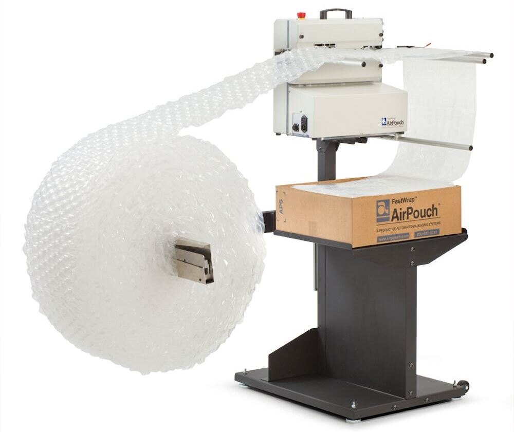 AirPouch FastWrap on its stand winding clear bubble onto a roll with the automatic winder
