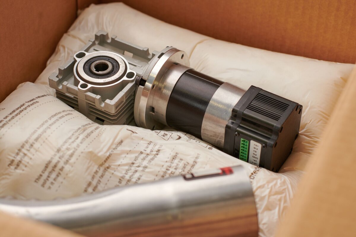 Electric motor resting on Instapak Simple foam cushions in a shipping box